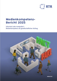Cover des Medienkompetenz-Berichts 2025. Es zeigt illustriert Menschen, die sich in einem Labyrinth mit Bildschirmen an den Wänden zurechtfinden müssen.