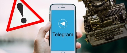 Designbild - Warnhinweistafel, Handy mit Telegramlogo, Schreibmaschine