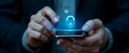 Ein Mann hält ein Smartphone in der Hand, darüber ist ein Sicherheitsschloss.