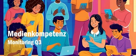 Titelbild des Medienkompetenz-Monitors. Eine bunt gezeichnete Gruppe gut gelaunter junger Menschen mit Smartphones und Tablets