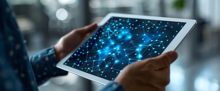 Person hält Tablet mit Anzeige eines digitalen Netzwerks mit Verbindung