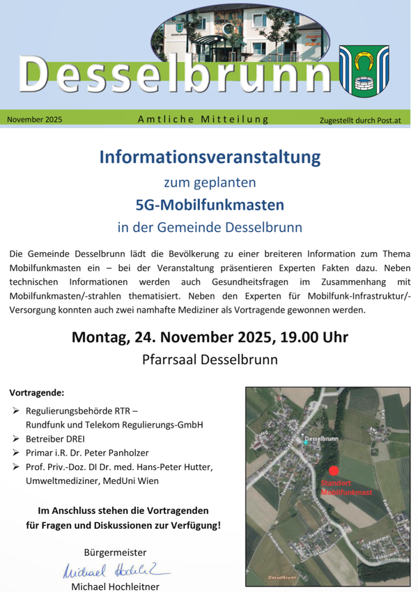 Plakat zur Informationsveranstaltung zum geplanten 5G-Mobilfunkmasten in der Gemeinde Desselbrunn