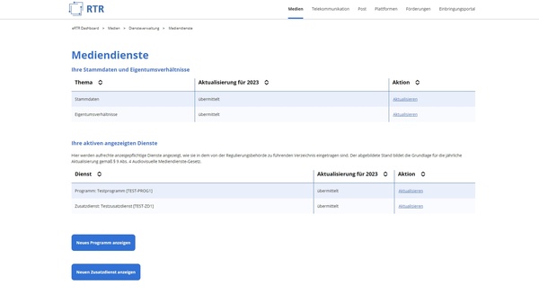 Screenshot des eRTR-Portals, Auflistung der zu aktualisierenden Daten.