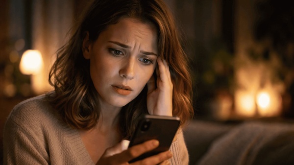 Frau schaut besorgt aufs Handy