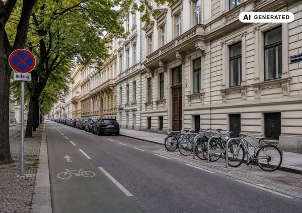 Ein vollständig KI-generiertes Bild einer Wiener Straße. Bauwerke aus der Gründerzeit, ein Fahrradstreifen, einige alte Linden, Parkverbot für Autos. Keine Personen. Einige parkende Autos und Fahrräder in einem Wiener Fahrradständer.