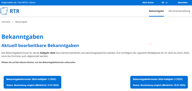 Screenshot des eRTR-Portals