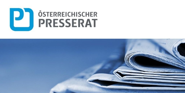 Screenshot der Website des Österreichischen Presserats mit Logo im oberen Bereich und einem großen Bannerbild aus mehreren übereinanderliegenden Zeitungen.