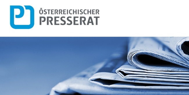 Screenshot der Website des Österreichischen Presserats mit Logo im oberen Bereich und einem großen Bannerbild aus mehreren übereinanderliegenden Zeitungen.
