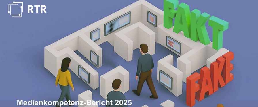 Cover des Medienkompetenz-Berichts 2025. Es zeigt illustriert Menschen, die sich in einem Labyrinth mit Bildschirmen an den Wänden zurechtfinden müssen.